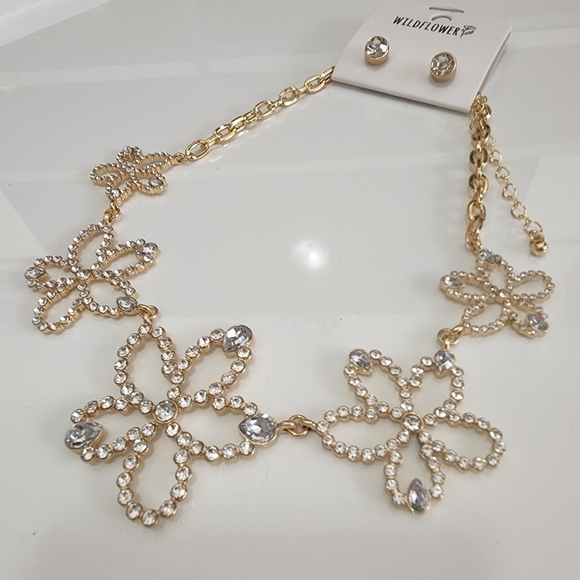 NEW Flower Crystal Golden Necklace Set Y2K - Picture 5 of 8